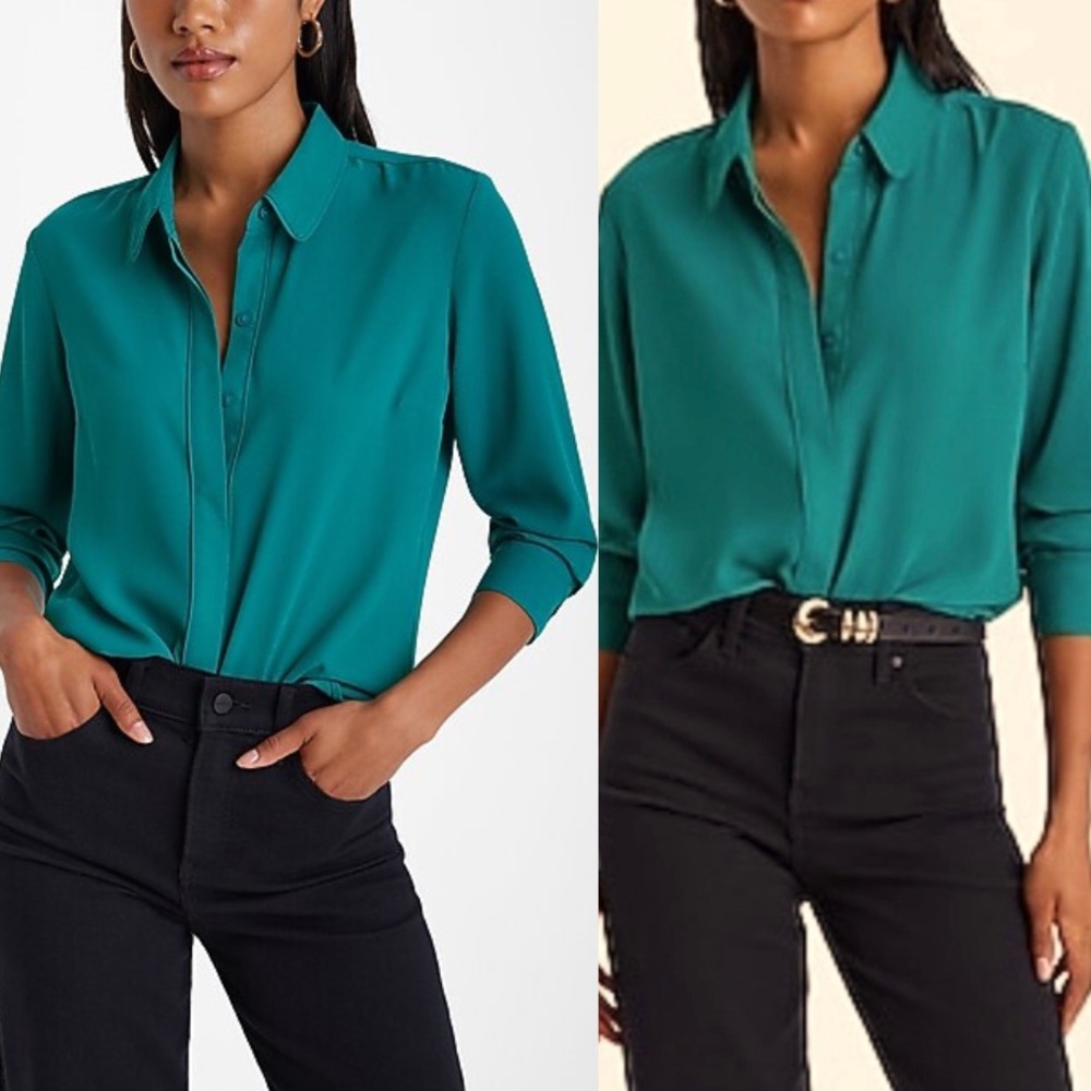 Express Georgette Portofino Blouse Forest Green Office Siren Button Up Top - Picture 7 of 7